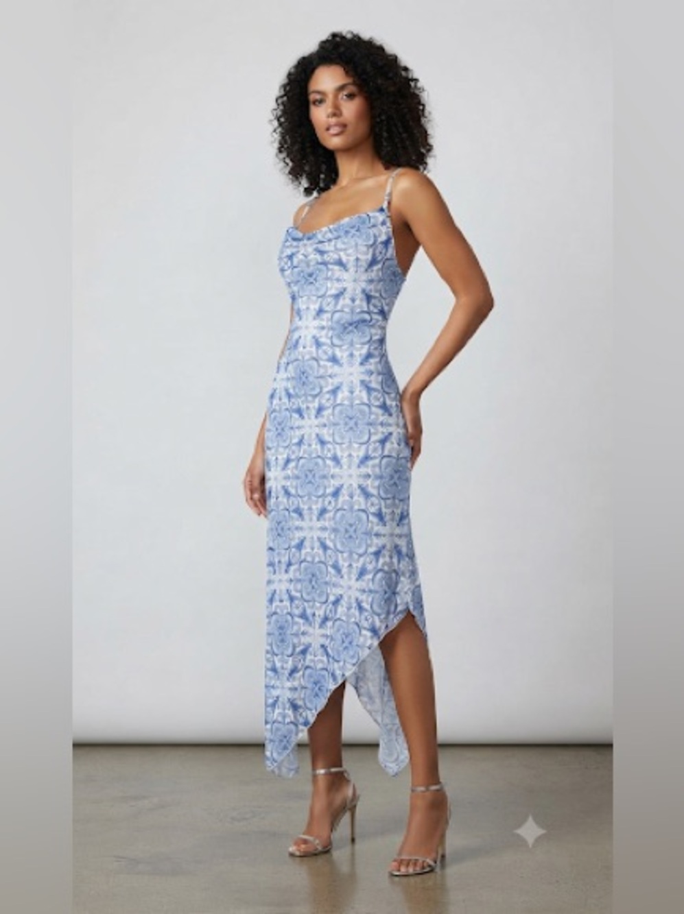 Bebe  Cowlneck  Floral Slip Midi Dress with Asymmetric Hem